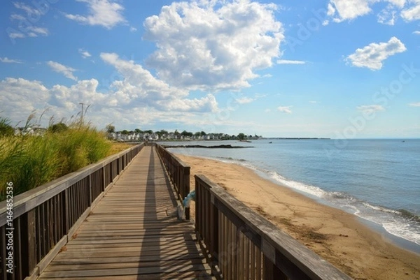 Fototapeta Scenic Summer Boardwalk at Calf Pasture Beach, Norwalk - Serene Views of Long Island Sound and Sandy Shores in Connecticut