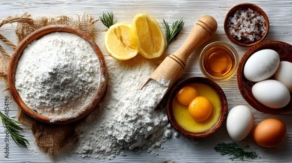 Fototapeta Fresh eggs, flour, lemon, and oil are arranged on a rustic wooden table for baking a delicious pastry.