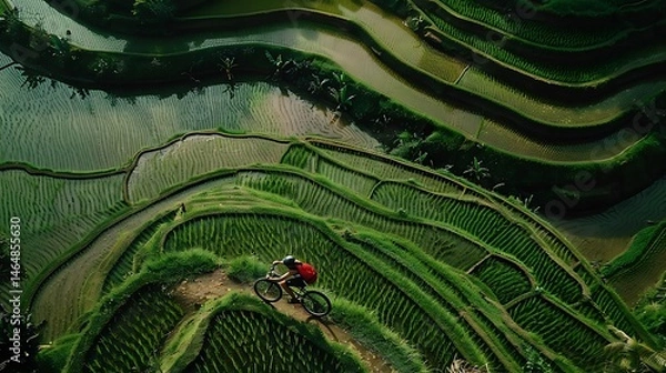 Fototapeta Aerial view of a cyclist riding through lush green rice terraces on a sunny day in the countryside .