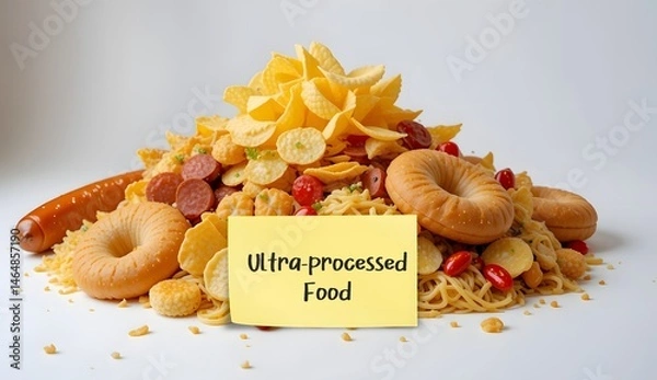 Fototapeta Food with note written Ultra-processed food (UPF) - industrial food made from ingredients not found in kitchens - high with additives, added sugar, salt or unhealthy fats