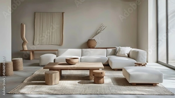 Fototapeta A minimalist living room featuring a white sectional sofa and wooden accents in a neutral color palette .