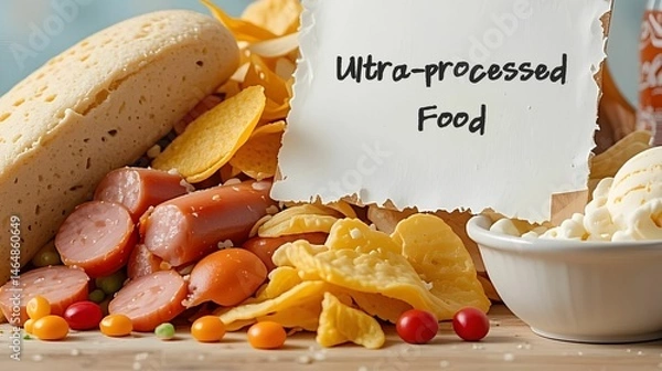 Fototapeta Food with note written Ultra-processed food (UPF) - industrial food made from ingredients not found in kitchens - high with additives, added sugar, salt or unhealthy fats