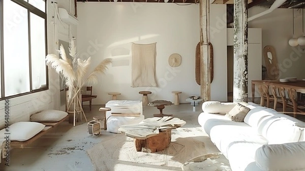 Fototapeta A bright living room with white furniture and decor including a couch table and pampas grass indoors .