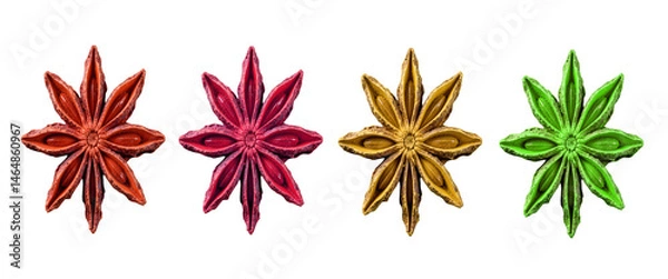 Fototapeta set of Star anise spice with detailed texture, brown and orange tones, symmetrical, PNG isolated on white background 4k new download isolate on white background Download.