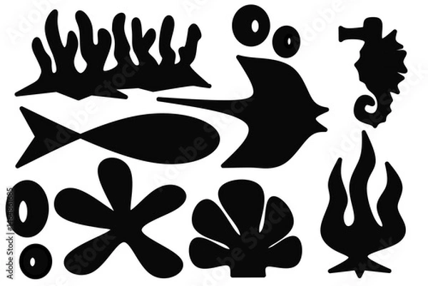 Fototapeta Sillhouette sea life background vector,marine biota sillhouette background image,ocean life vector on black background, underwater design background  on black illustration 