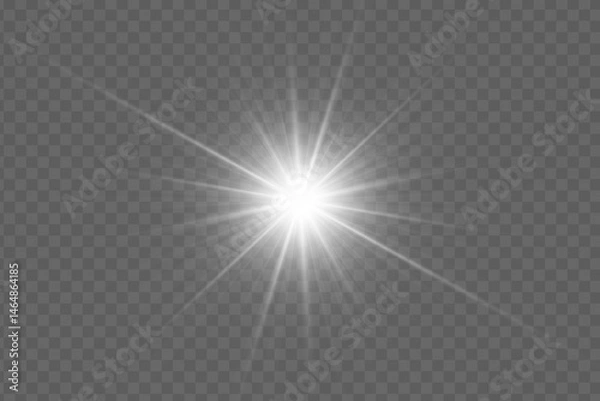 Fototapeta Bright light burst effect with radial glow. Abstract sunbeam with spark, shine and bokeh. Glowing glare on transparent background. Vector illustration for vibrant sunny designs.