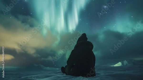Fototapeta Person sitting on snow watching the aurora borealis under a starry night sky with clouds and green light .