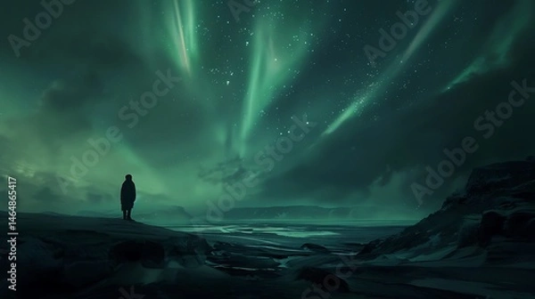 Fototapeta Silhouette watching aurora borealis over a landscape with stars and cloudy sky in the night time .