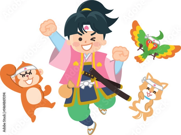 Obraz 桃太郎と仲間がジャンプしている