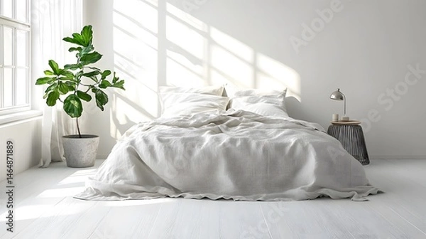 Fototapeta Sunlight streams into a modern bedroom with a simple design.