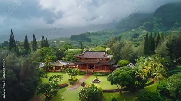 Fototapeta Aerial view of traditional japanese temple surrounded by lush greenery and mountains under cloudy sky .
