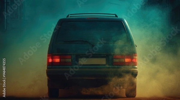 Fototapeta Smoke-Shrouded Car: Mysterious and evocative, a vintage automobile, engulfed in a cloud of smoke. The scene is illuminated by a blend of artificial and natural light, enhancing the drama and suspense.
