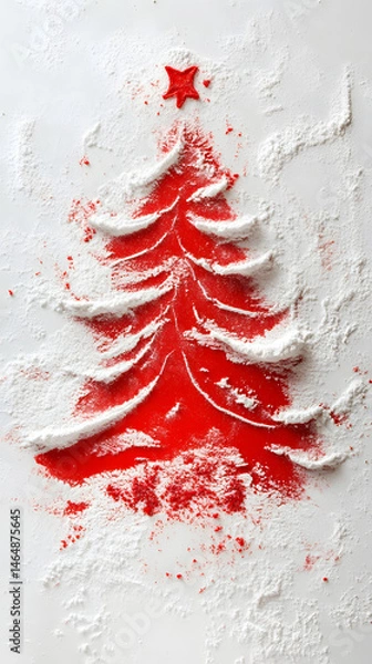 Fototapeta Christmas tree stands on white flour background resembling snow for whimsical holiday backdrop
