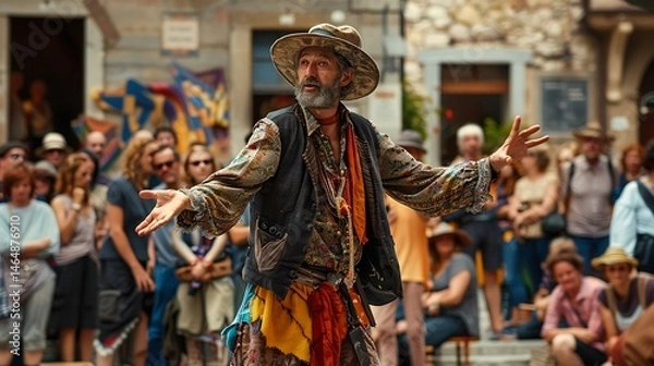 Fototapeta Man in hat and vest performing outdoors in front of a crowd of people during the daytime setting stage .