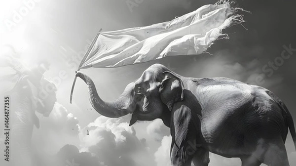 Fototapeta Elephant Lifting White Flag: A majestic elephant raising a white flag high with its trunk.
