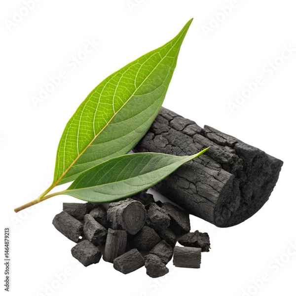 Fototapeta Natural Charcoal with Greenery: A close-up shot of a pile of charcoal next to some fresh green leaves, suggesting purity and natural elements.