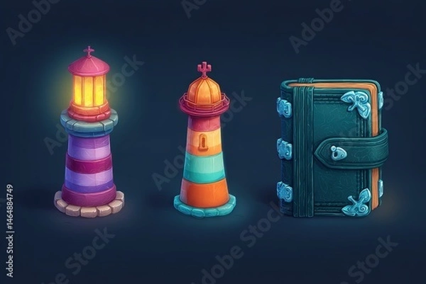 Fototapeta Colorful lighthouses and a decorative book create a whimsical coastal scene at twilight
