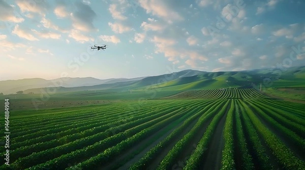 Fototapeta Drone flying over a green field with rows of crops and mountains in the background under a cloudy sky .