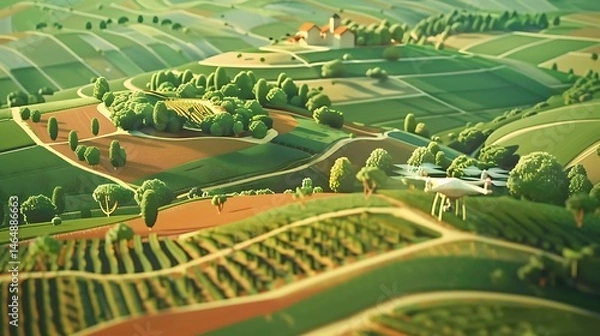 Fototapeta Aerial view of a drone flying over farmland with trees and a building in the background landscape art .