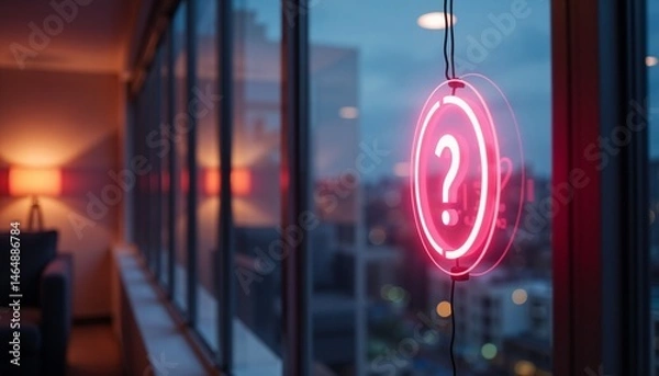 Obraz Neon question mark sign glowing at dusk near window with cityscape background
