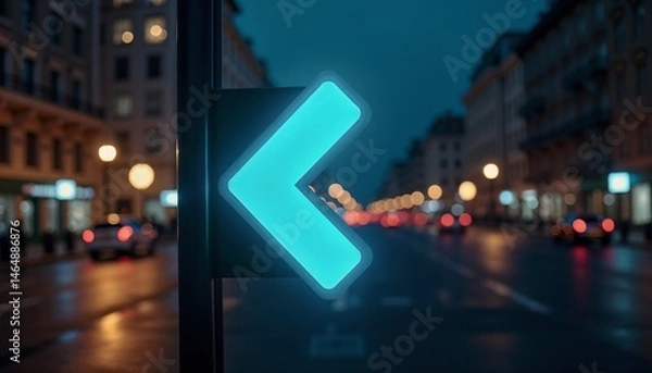 Obraz Glowing left arrow sign illuminated at night on street with blurred traffic background