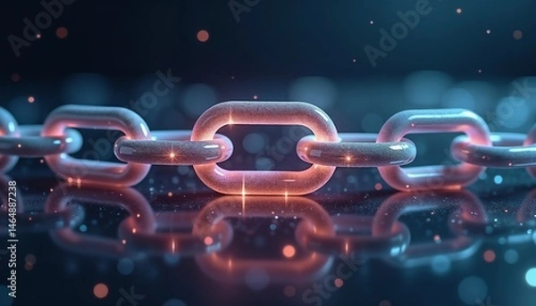 Obraz Close-up of glowing digital chain links with sparkling effects on dark background