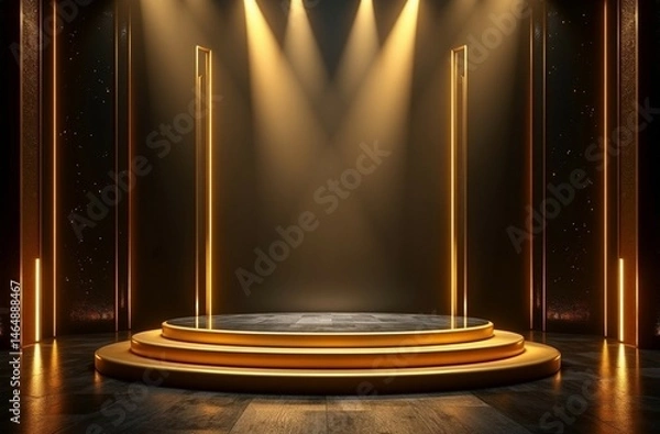 Obraz "Luxury Futuristic Stage Design with Glossy Black Floor and Dramatic Lighting in Blue, Red, Gold, and Silver"