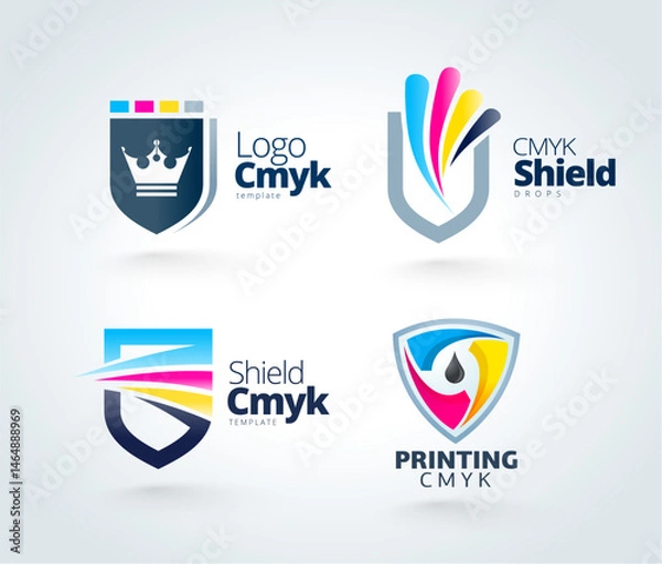 Obraz Set Logo Shield CMYK color Printing theme. Template design vector. White background.