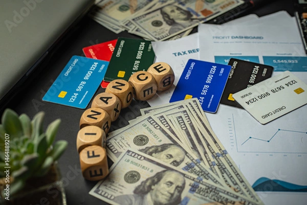 Obraz Flat lay of multiple credit cards, US dollar bills, financial reports, and wooden dice spelling ‘FINANCE’. Business and Finance background