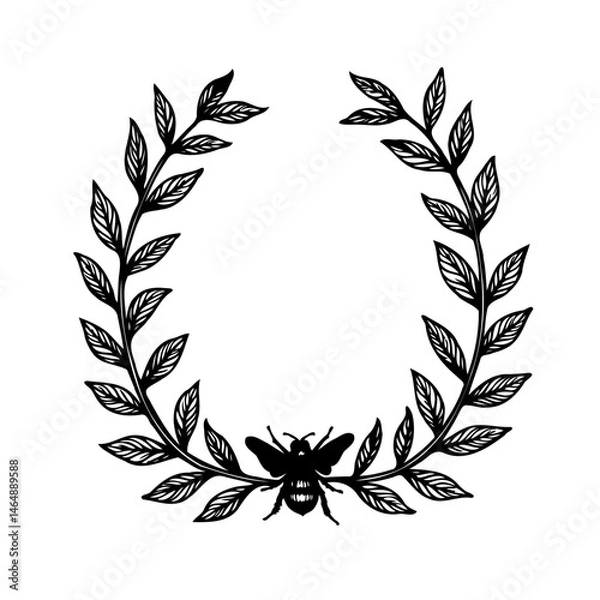Fototapeta Artistic silhouette of a bee within a botanical wreath illustration