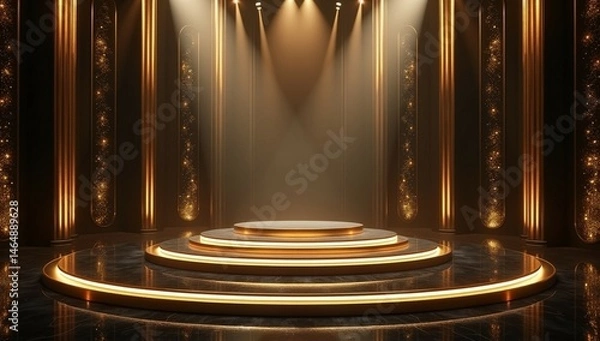 Fototapeta "Luxury Futuristic Stage Design with Glossy Black Floor and Dramatic Lighting in Blue, Red, Gold, and Silver"