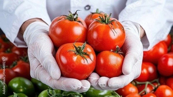 Fototapeta Fresh Tomatoes in Gloved Hands - Agriculture