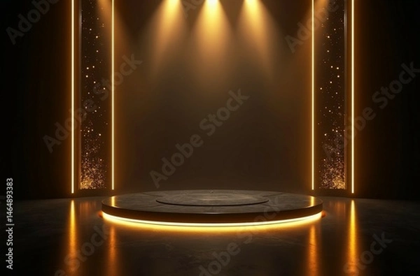 Fototapeta "Luxury Futuristic Stage Design with Glossy Black Floor and Dramatic Lighting in Blue, Red, Gold, and Silver"
