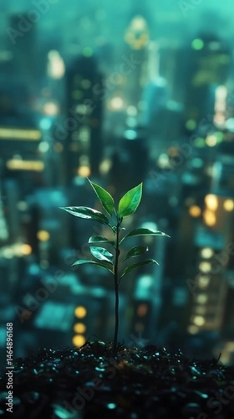 Fototapeta A resilient sapling growing amidst a bustling cityscape, symbolizing personal growth and hope in urban environments.