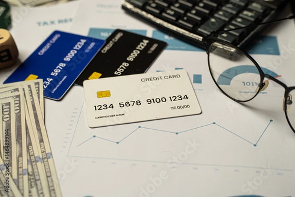 Obraz Top view of a finance desk setup including realistic credit cards, hundred-dollar bills, performance charts, and a keyboard. The image evokes themes of financial literacy. Business and Finance