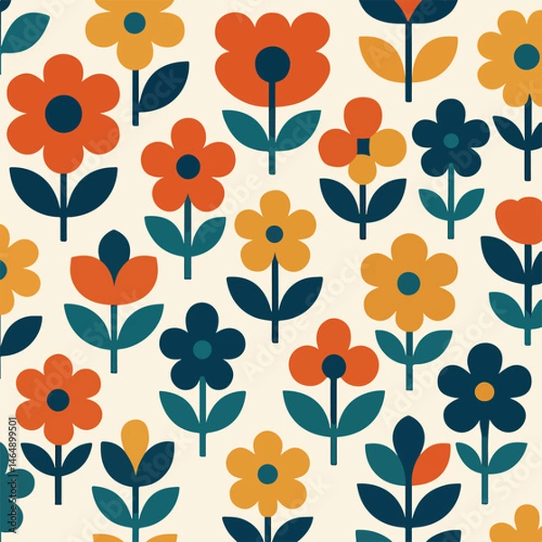Obraz Flowers in Scandinavian style, bold flat colors, geometric petals, retro 70s vibe