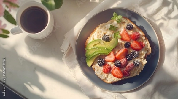 Obraz Healthy breakfast flat lay featuring oatmeal, fresh berries, avocado toast, and coffee with a neutral kitchen background, enhanced by bright natural lighting and a clean food