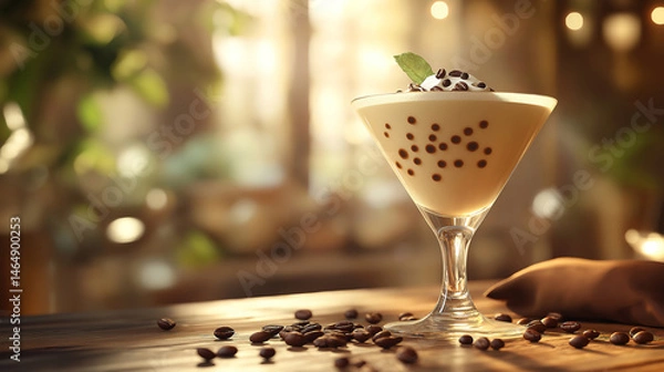 Fototapeta Espresso martini with creamy texture and coffee beans served in a cozy, intimate ambiance