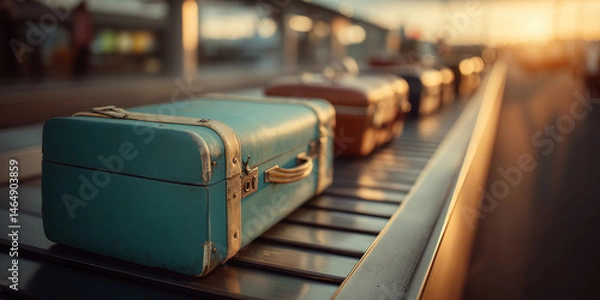 Fototapeta Teal vintage suitcase on baggage carousel, warm sunset light, conveying themes of travel, journey, and nostalgia