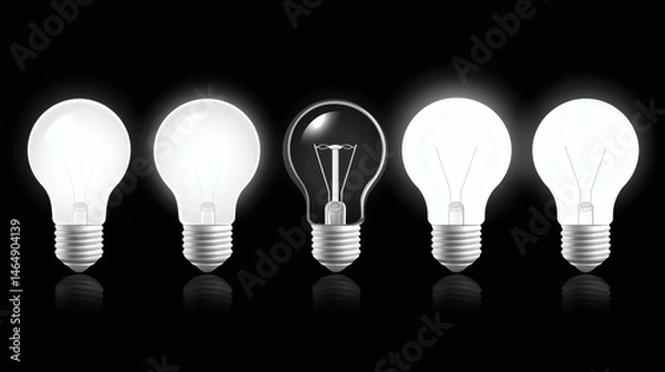 Fototapeta Light Bulbs in a Row, One Illuminated, Symbolizing Innovation