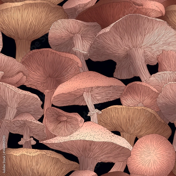 Fototapeta Seamless vector pattern of assorted mushrooms in detailed line art style