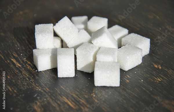 Fototapeta refined sugar on a dark wooden background. white sugar cubes on a dark background.