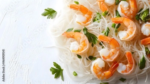 Fototapeta Rice noodles with shrimps and vegetables close-up on the table. top view , isolated on transparent background . PNG, cutout, or clipping path.
