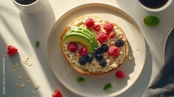 Obraz Healthy breakfast flat lay featuring oatmeal, fresh berries, avocado toast, and coffee with a neutral kitchen background, enhanced by bright natural lighting and a clean food