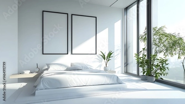 Fototapeta Modern bedroom interior with large windows and empty frames.