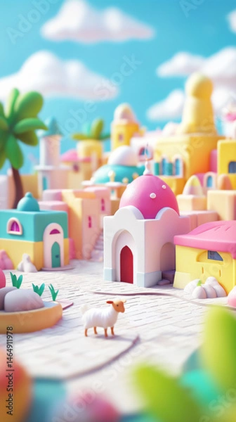 Fototapeta Cute lamb standing in front of mosque, unique eid adha vertical background