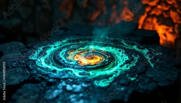 Fototapeta Glowing metal alloy cools in a stone forge, displaying swirling colors and complex fractal patterns.