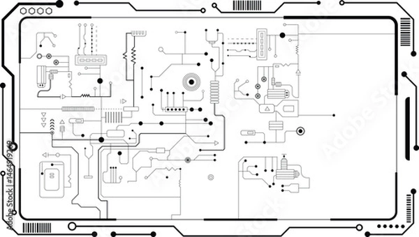 Obraz Technology black circuit diagram concept. High-tech circuit board connection system. Vector abstract technology on white background. 