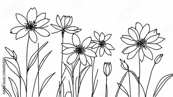 Fototapeta Minimalist Line Drawing of Wildflowers in Bloom Representing Nature and Beauty
