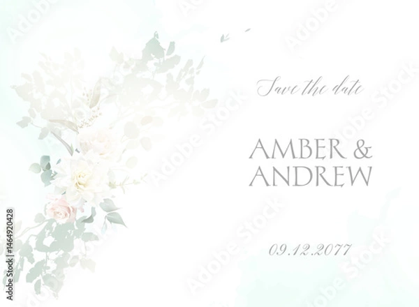 Obraz Herbal eucalyptus watercolor vector banner frame. Hand painted branches, rose, dahlia flowers on white background. Greenery wedding invitation. Watercolor card. All elements are isolated and editable